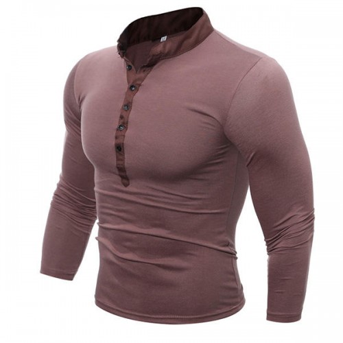 Mens Cotton Stand Collar T-shirts Buttons Breathable Long Sleeve Solid Color Tops Mens Cotton Stand Collar T-shirts Buttons Breathable Long Sleeve Solid Color Tops