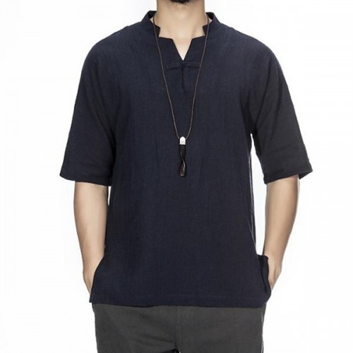 Men Chinese Style Cotton Linen Short Sleeve T-Shirts Stand Collar Loose Vintage Tee Tops Men Chinese Style Cotton Linen Short Sleeve T-Shirts Stand Collar Loose Vintage Tee Tops