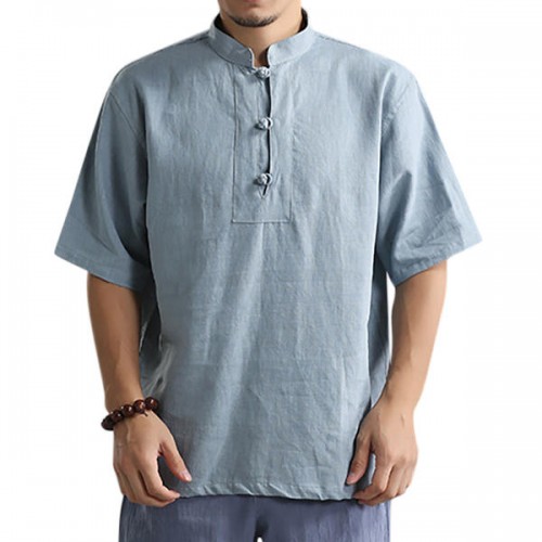 Men's Stand Collar Solid Color Loose T-Shirts Vintage Chinese Style Casual Buttons Tops Men's Stand Collar Solid Color Loose T-Shirts Vintage Chinese Style Casual Buttons Tops