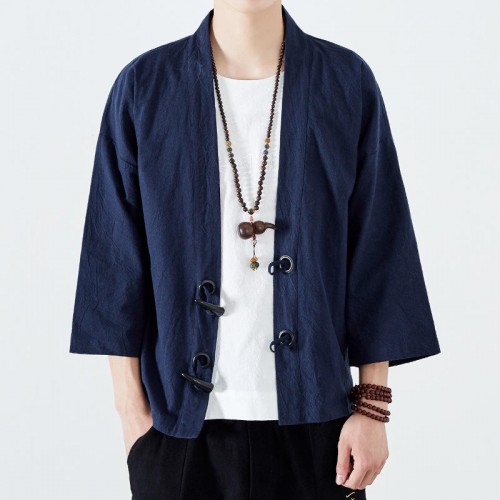 Mens Loose Cotton Vintage Horn Buckle Three Quarter Sleeve Coats Tops Mens Loose Cotton Vintage Horn Buckle Three Quarter Sleeve Coats Tops