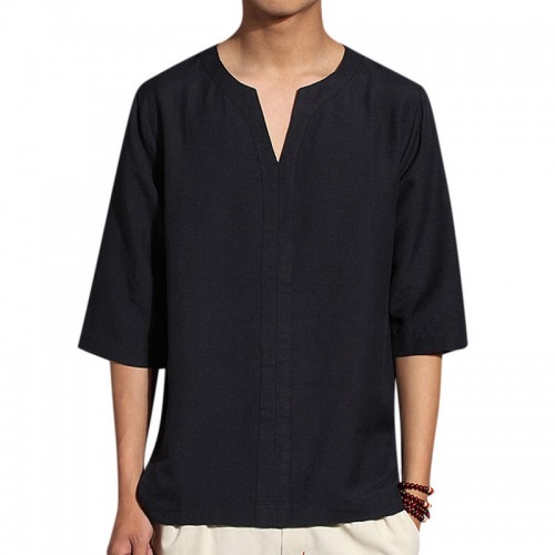 Men's Ethnic Style Cropped Sleeve T-Shirts Large Size V-neck Linen Cotton Loose Tops Men's Ethnic Style Cropped Sleeve T-Shirts Large Size V-neck Linen Cotton Loose Tops