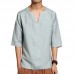 Men's Ethnic Style Cropped Sleeve T-Shirts Large Size V-neck Linen Cotton Loose Tops Men's Ethnic Style Cropped Sleeve T-Shirts Large Size V-neck Linen Cotton Loose Tops