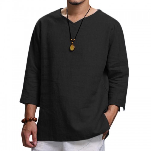Ethnic Casual Men's Long-sleeved V-neck Solid Color Large Size Loose T-Shirts Ethnic Casual Men's Long-sleeved V-neck Solid Color Large Size Loose T-Shirts