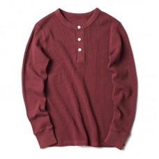Men's Casual Cotton Washed Solid Color Cassic Henry Collar Long-sleeved Pullovers Tops