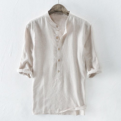 Men's Breathable 100% Cotton Loose Button Striped Half Sleeve Casual T-shirts Men's Breathable 100% Cotton Loose Button Striped Half Sleeve Casual T-shirts