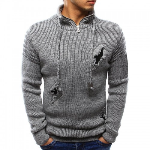 Mens Casual Holes Wool Knit Zipper Drawstring Slim Fit Long Sleeve Pullovers Mens Casual Holes Wool Knit Zipper Drawstring Slim Fit Long Sleeve Pullovers