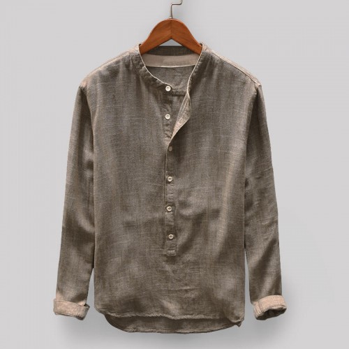 Men's Vintage Loose Comfy Solid Color Button Fly Stand Collar Long Sleeve Casual T-shirts Men's Vintage Loose Comfy Solid Color Button Fly Stand Collar Long Sleeve Casual T-shirts